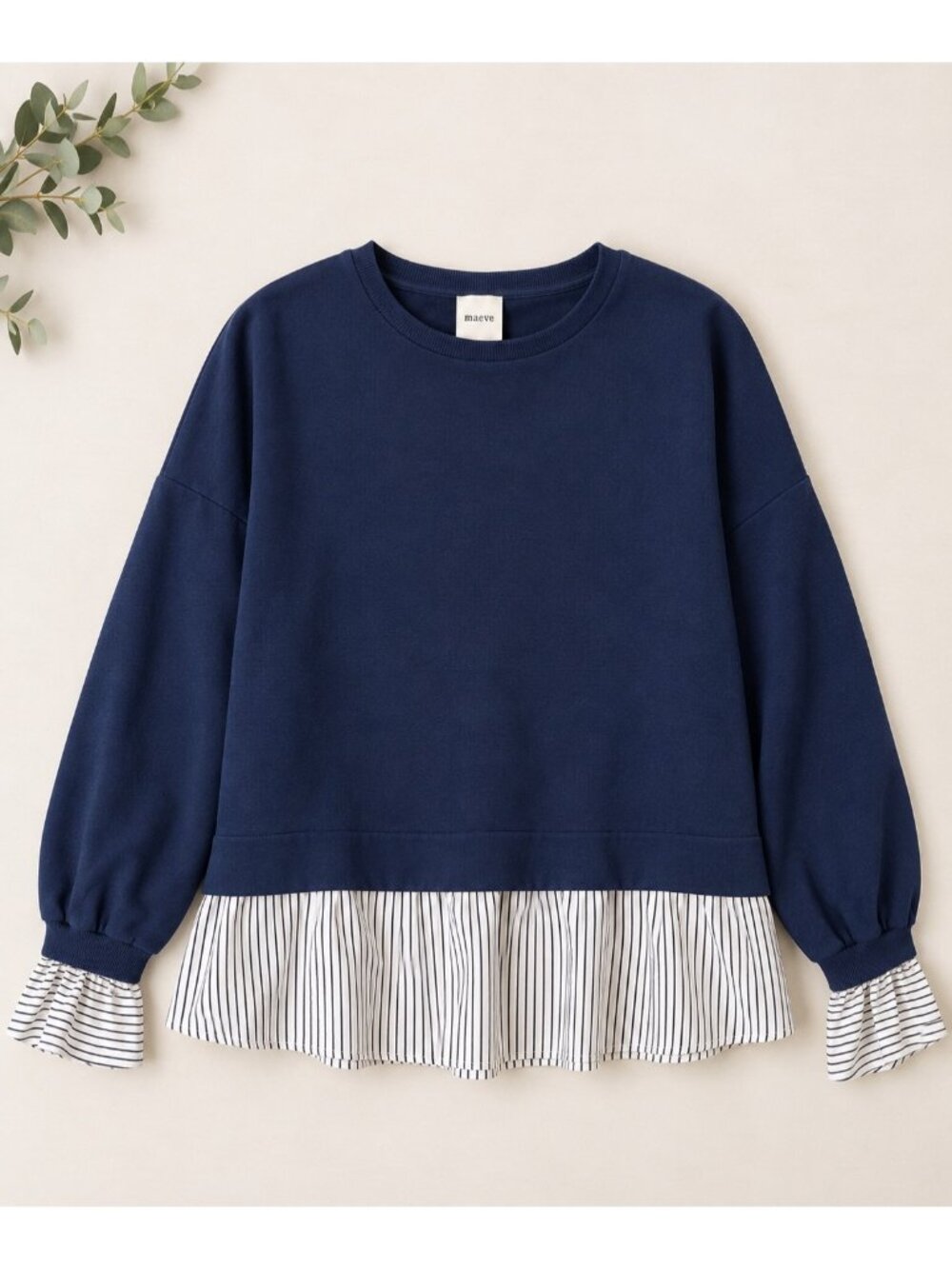 Maeve Navy Crewneck Top With Striped Ruffle Hem XL Made In Turkey